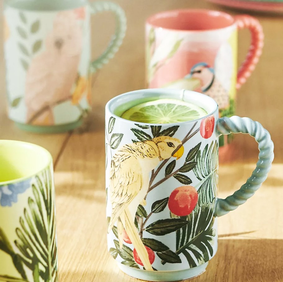 coffee mugs with tropical print birds