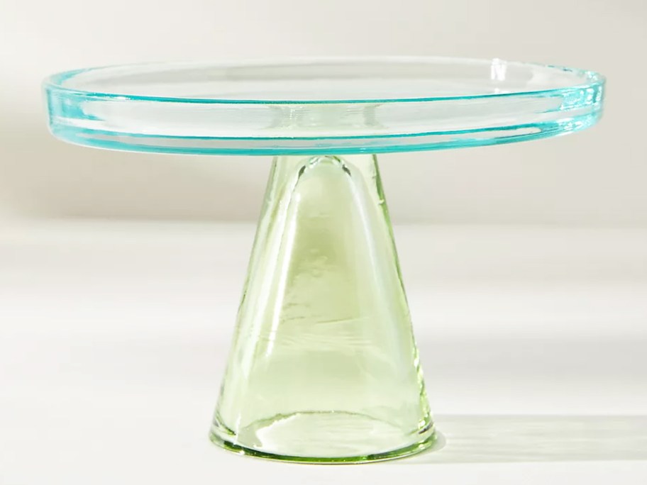 green and blue glass cake stand