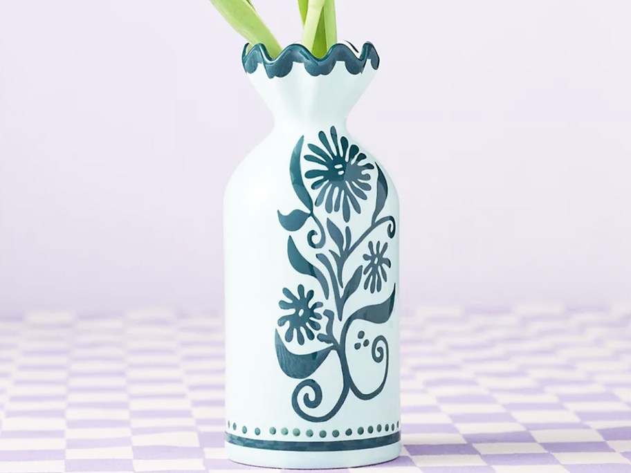 blue ceramic vase with floral print design