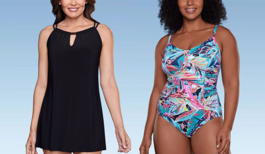 two female models wearing one piece swim suits