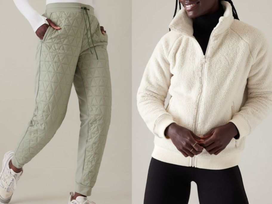 Stock images of women wearing a pair of Athleta Joggers and a Sherpa jacket