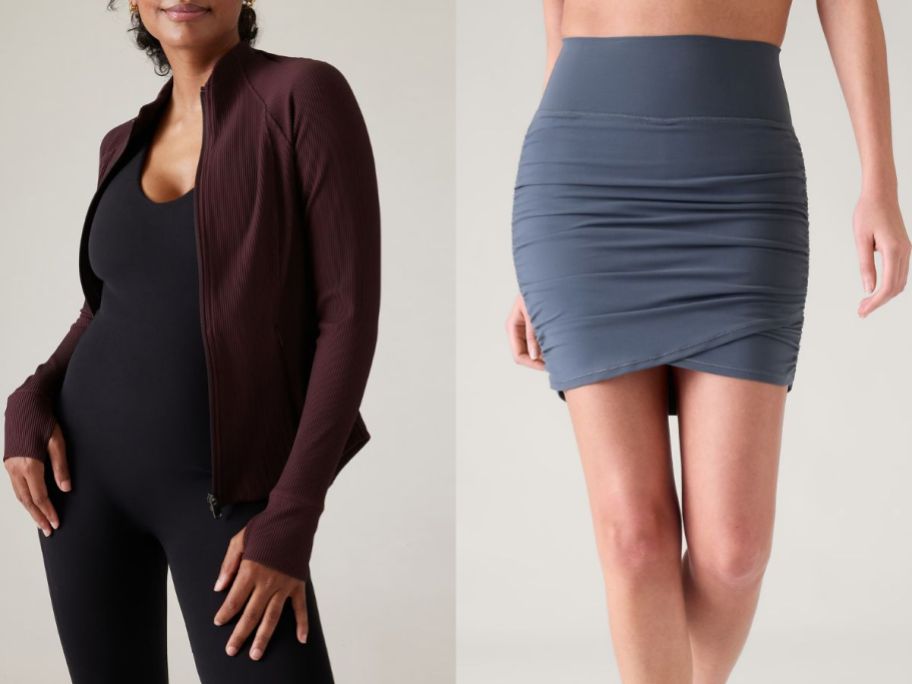 Stock images of a woman wearing an Athleta jacket and another woman wearing an Athleta skirt