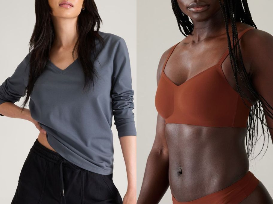 Stock images of women wearing an Athleta Shirt and Bra