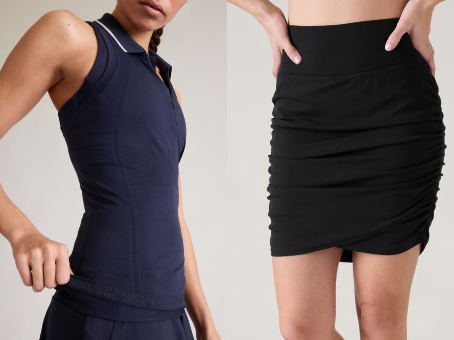 Women wearing an Athleta polo tank and ruched fitted skirt