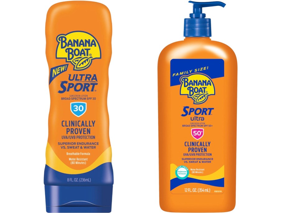 two orange bottles of banana boat sunscreen
