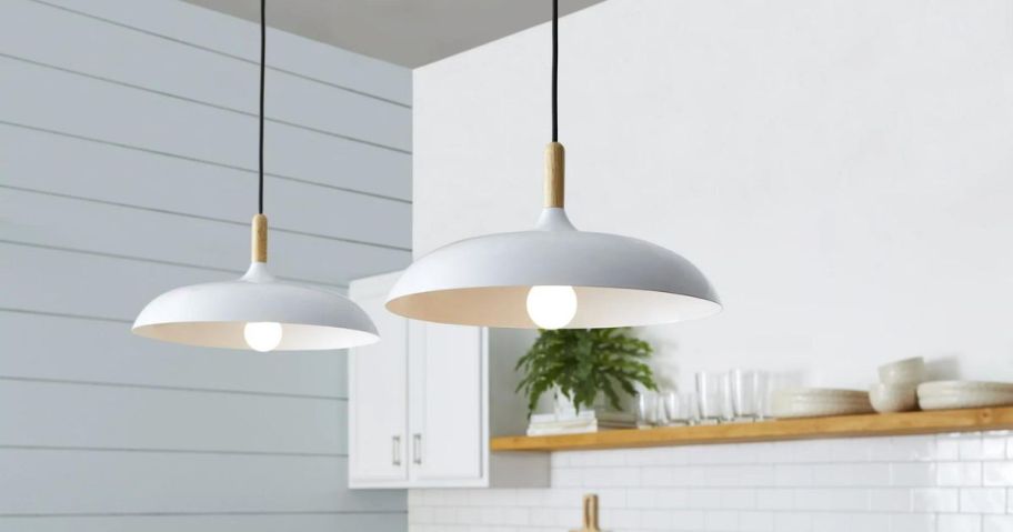 A kitchen with a pair of Better Homes & Gardens Industrial White Pendant Ceiling Lights 