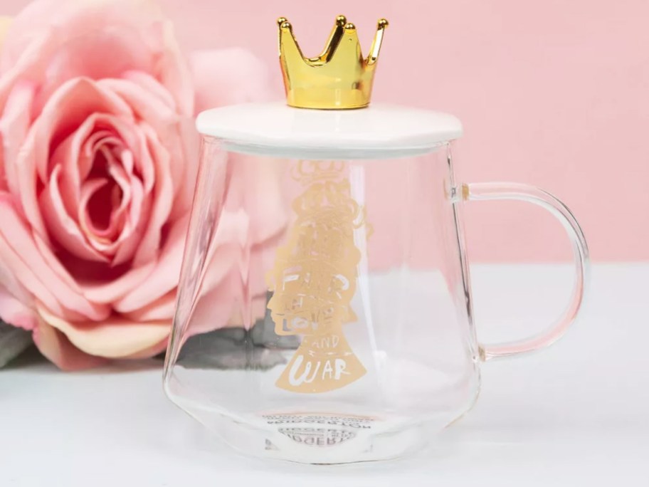 clear coffee mug with gold crown lid