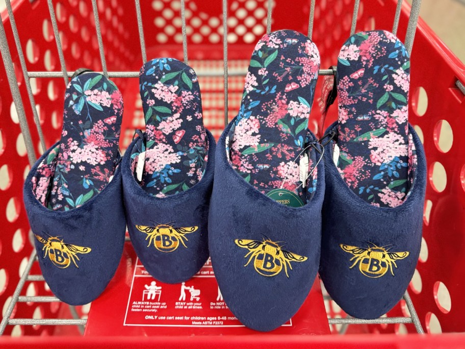 navy blue floral print slippers with bee embroidery on top in red shopping cart