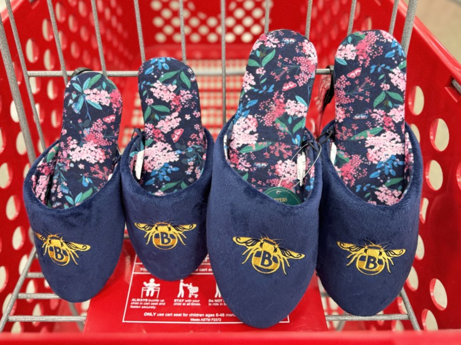 navy blue floral print slippers with bee embroidery on top in red shopping cart