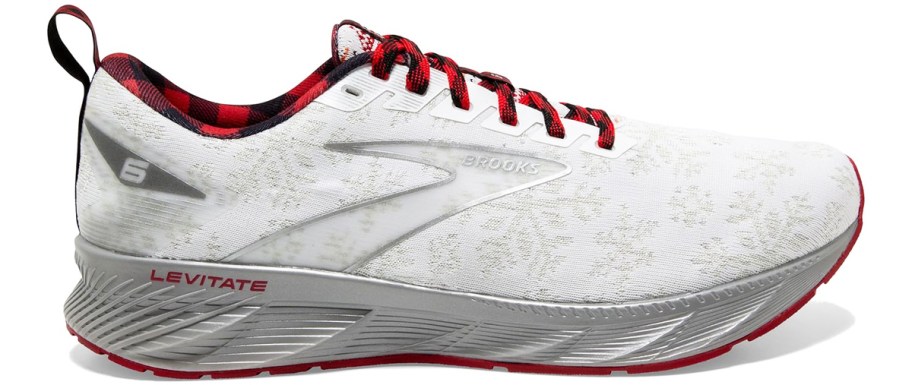 white, grey, and red running shoe