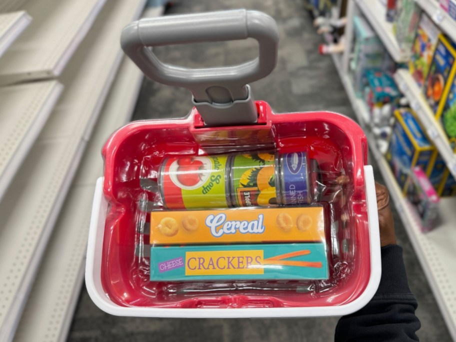 cvs kids shopping cart in store filled with play food