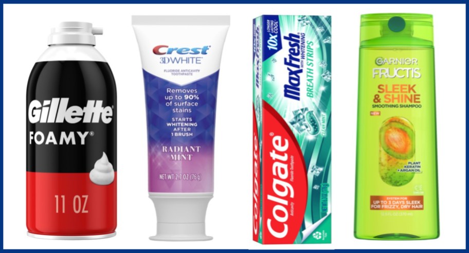 shave cream, toothpaste and shampoo