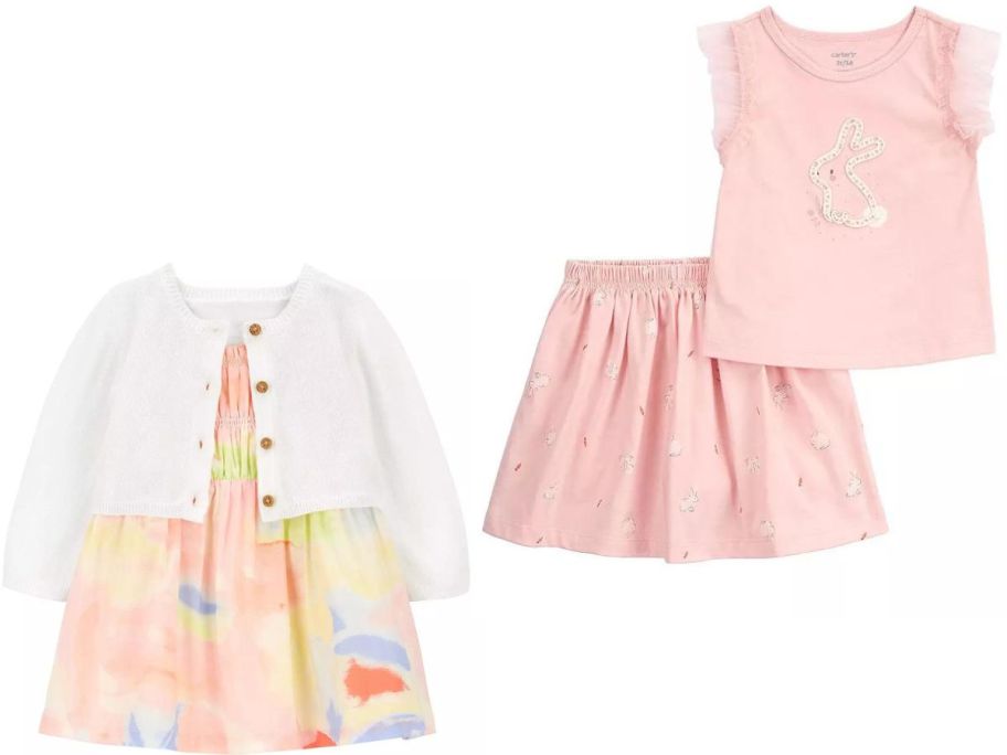 Stock images of carters baby dress & cardigan set and a toddler skirt and top