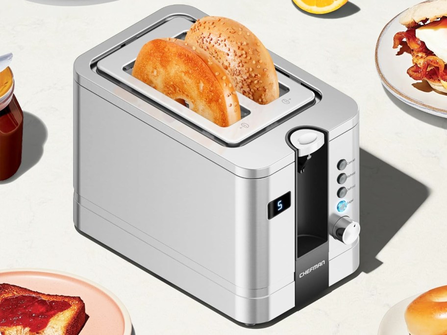 bagel in a stainless steel toaster