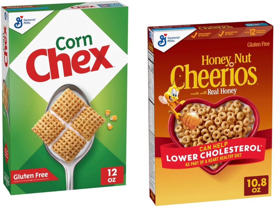 corn chex and honey nut cheerios cereal boxes