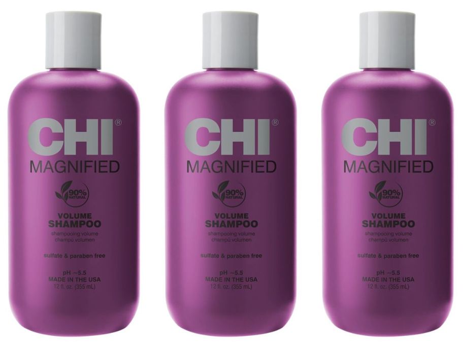 3 bottles of Chi Magnified Volume Shampoo Bottles