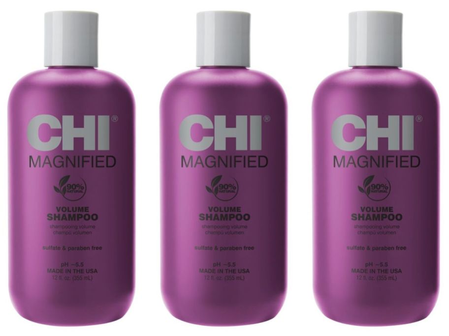 3 bottles of Chi Magnified Volume Shampoo Bottles