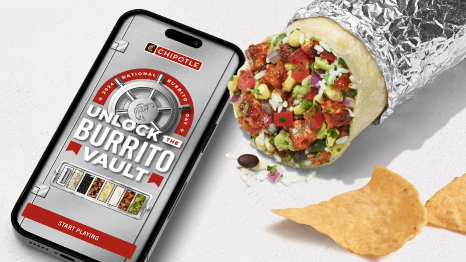 burrito next to phone showing Chipotle app
