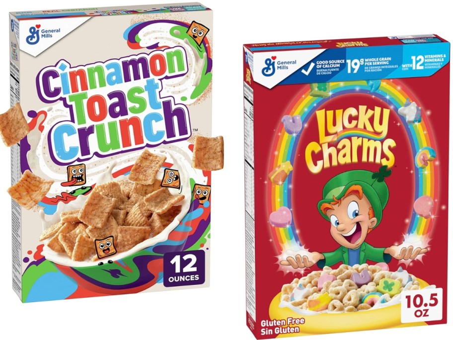 boxes of Cinnamon Toast Crunch & Lucky Charms Cereal