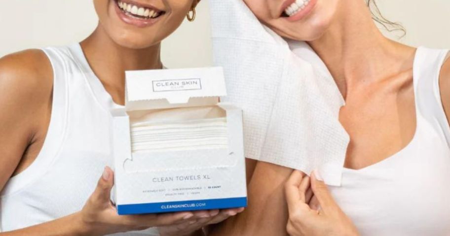 2 women using Clean Skin Club Clean Towels XL Disposable Makeup Remover Wipes
