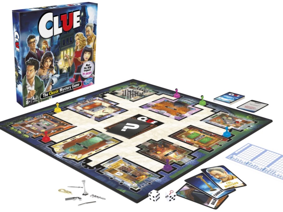 box, board, and playing pieces for Clue Classic Mystery Board Game