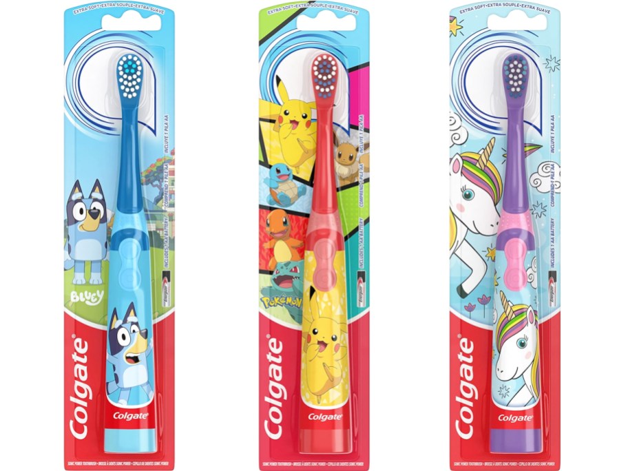 bluey, pokemon, and unicorn print Colgate Kids Battery Powered Toothbrushes