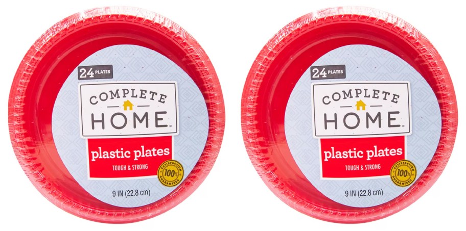 two sets of red plastic plates