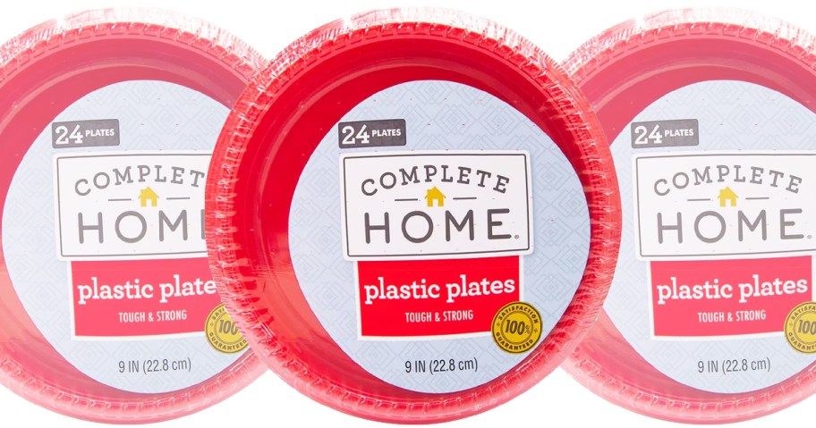 packages of red plastic plates