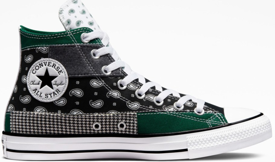 black, green, and white patchwork print converse high top sneaker