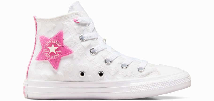 white converse high top sneaker with pink star on side