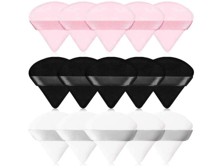 set of pink, black, and white triangle makeup puffs