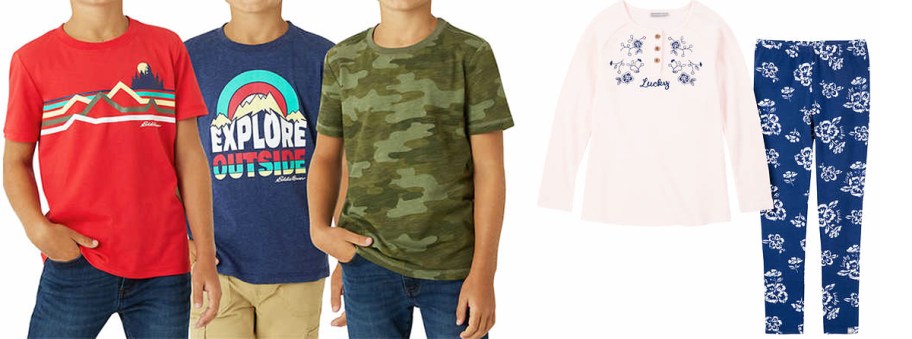 three boys in Eddie Bauer shirts and girls top and leggings outfit