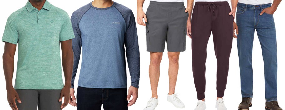 green and blue mens tops, grey shorts, maroon joggers, and jeans