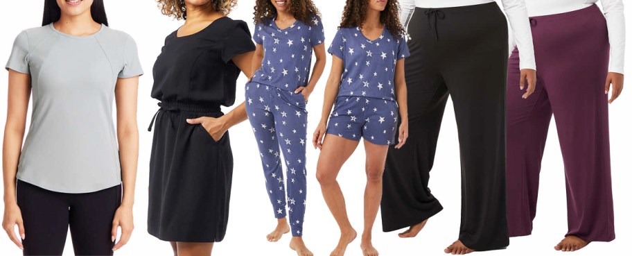 woman in grey top, black dress, blue pajama set, and matching black and maroon lounge pants