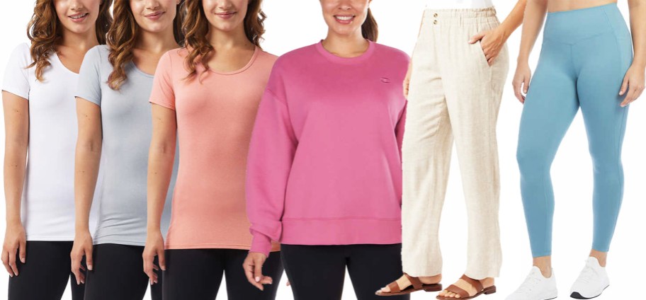 three women in short sleeve tees, woman in pink crewneck sweatshirt, women in white pants, and woman in blue leggings