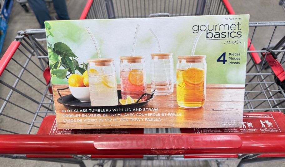 a box of 4 glass tumblers with lids in a costco cart