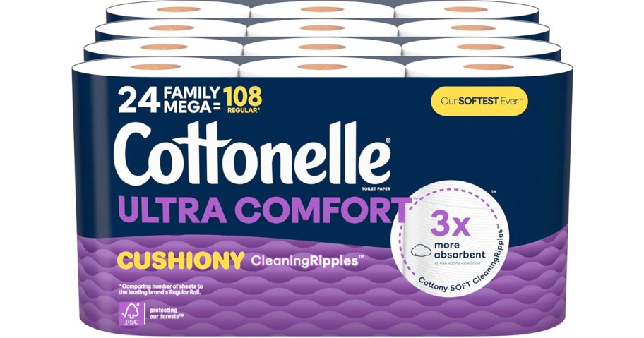 purple packages of Cottonelle Ultra Comfort Toilet Paper
