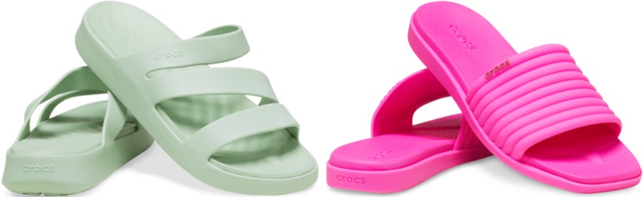 mint green and pink pairs of crocs sandals