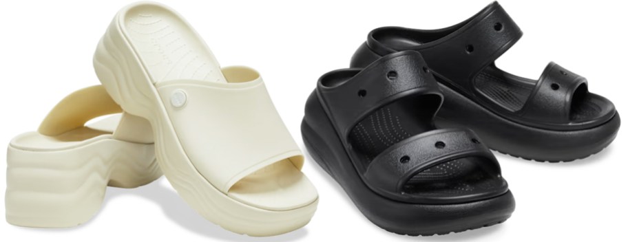 white and black pairs of platform crocs sandals