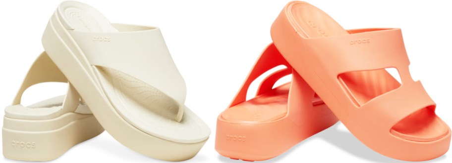 white and orange pairs of platform crocs sandals