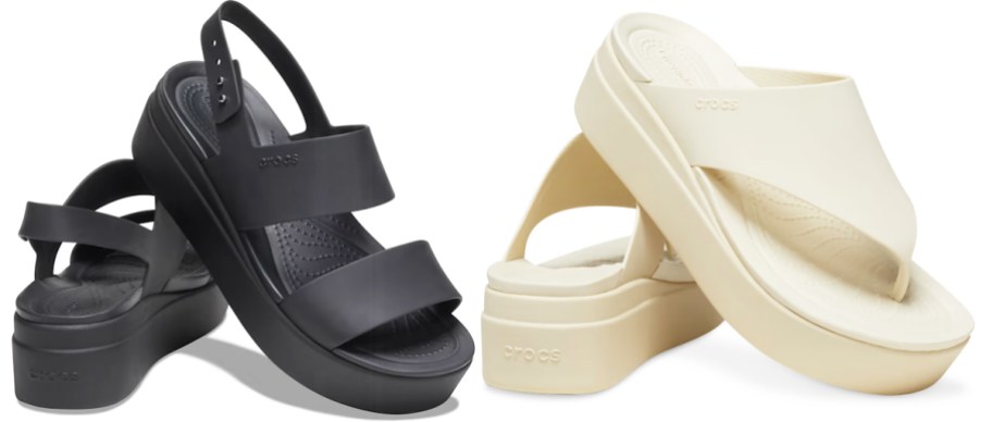 black and white pairs of platform crocs sandals