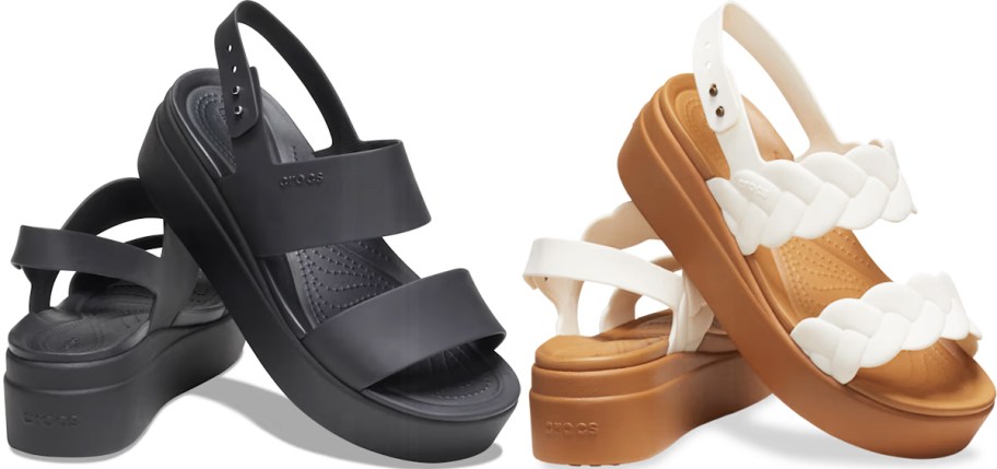 black and white/brown pairs of crocs wedges