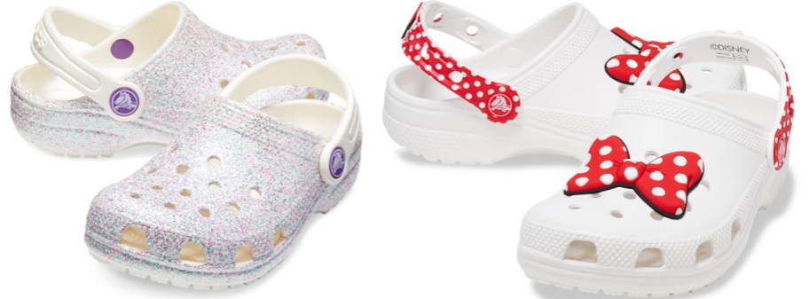 white glitter and white/red minnie mouse crocs clogs