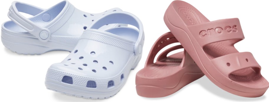 light blue crocs clogs and pink platform sandals