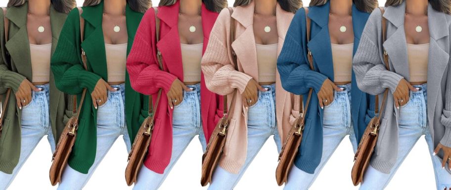 oversized cardigan in 6 colors on a white background