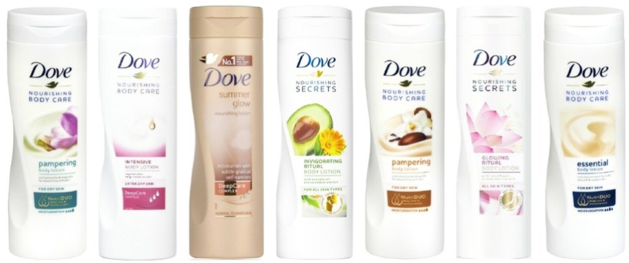 multiple bottles of dove body lotions in a row