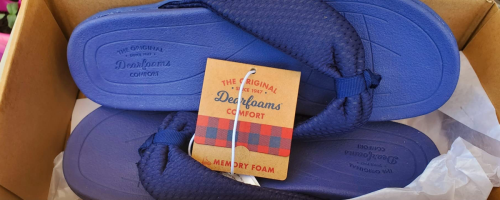 Dreamfaoms sandals in blue inside of their boc