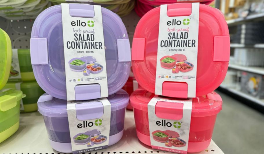 Ello salad bento storage containers in pink and purple on a store shelf