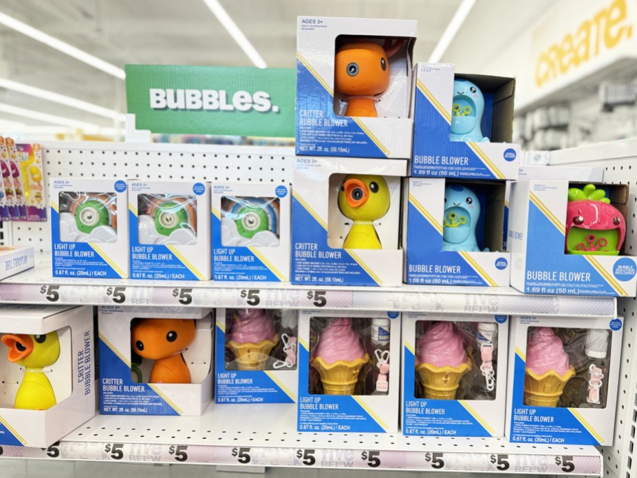 fun shaped bubble blowers on shelves at five below store