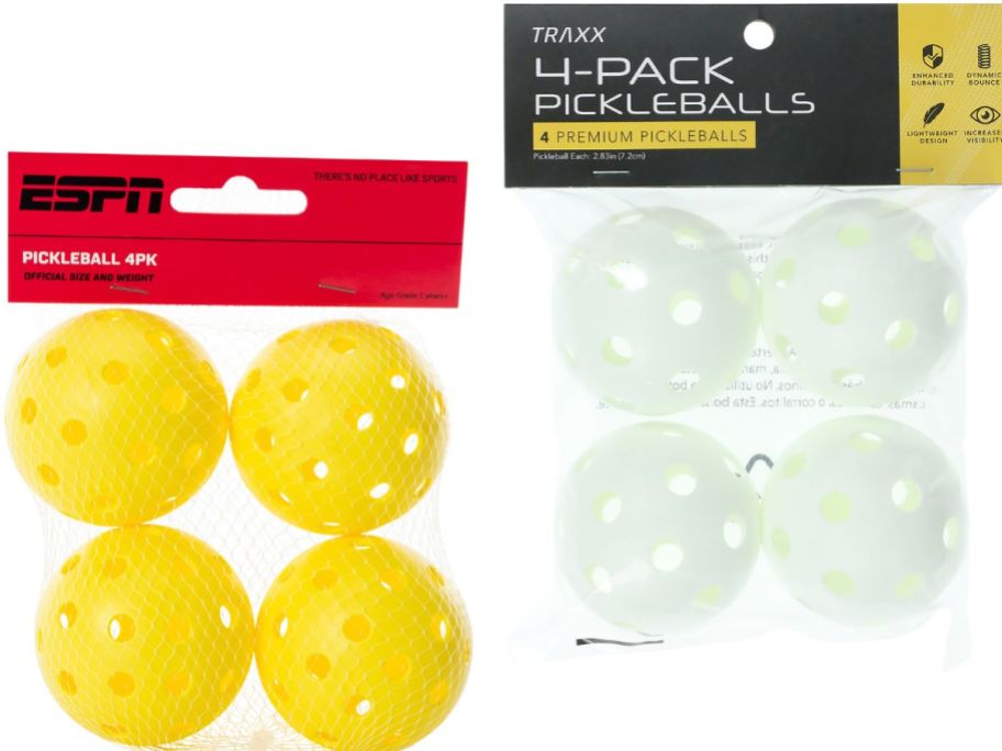Stock images of 2 4-count packs of pickleballs from Five Below